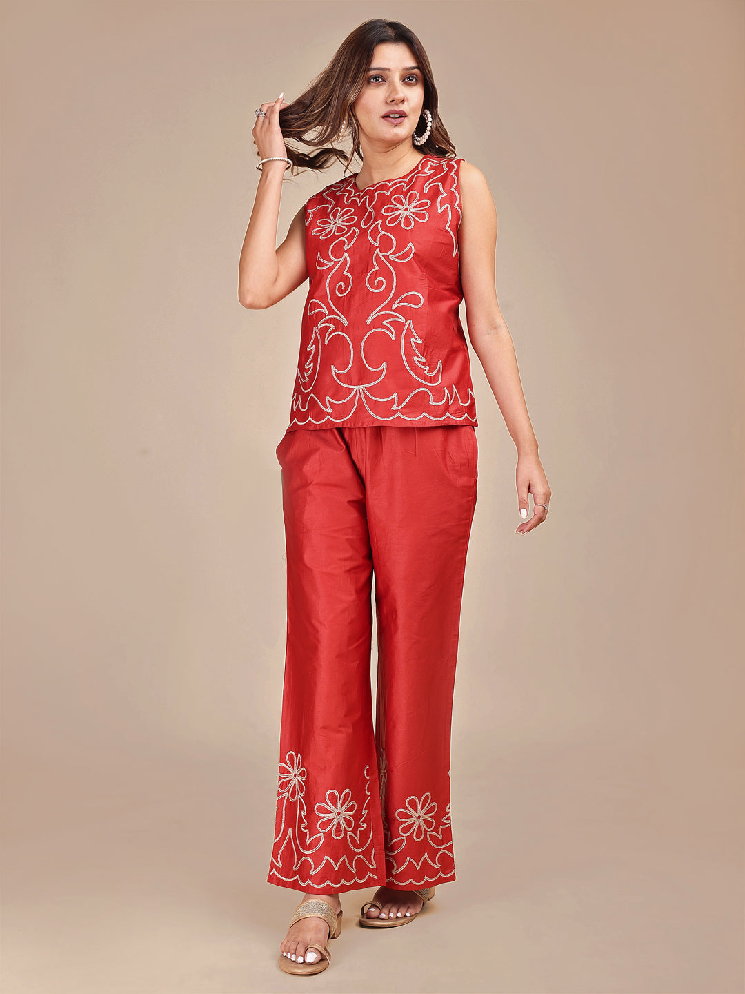 Rust Colored Jam Cotton With Cheeku Color Stylized Embroidery Co-ord Set